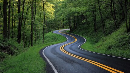 Obraz premium A winding road cuts through a dense green forest, surrounded by lush trees and vibrant foliage on both sides.