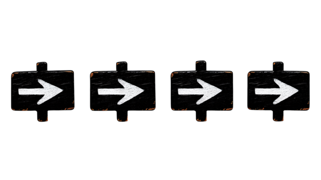 Black arrow ,   Isolated on white background, clipping path included, transparent png . pointing to the right side of the frame