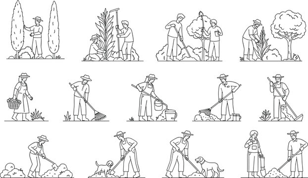 Line art gardening scene with people planting, raking, digging, harvesting, watering, trees, tools, teamwork, outdoor garden activity, landscape illustration

 flat vector illustration