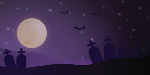  Spooky Halloween night landscape with purple sky, glowing full moon, stars, cemetery, and flying bats. Eerie vector scene in dark style perfect for holiday backgrounds and designs. Copy space
