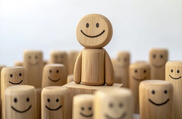Wooden smiley figures; a light-brown, happy figure stands on a small platform, amidst a crowd of similar figures