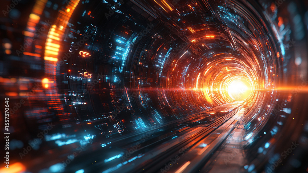Poster futuristic tunnel with glowing digital data streams.