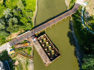 Novi Sad, Serbia - June 27, 2025: Construction of the Chinese bridge over the Danube River in Novi Sad