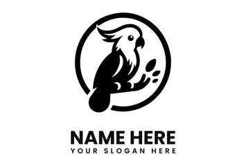 A black and white logo featuring a parrot perched on a branch within a circle.