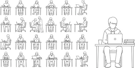  Students working at desk, studying, writing, using laptops, reading books, education line art set, classroom, online learning, school illustration

flat vector illustration