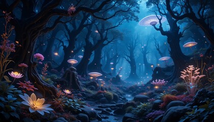 Fototapeta na wymiar Enchanting Night Forest Scene with Glowing Mushrooms and Flowers Fantasy Landscape