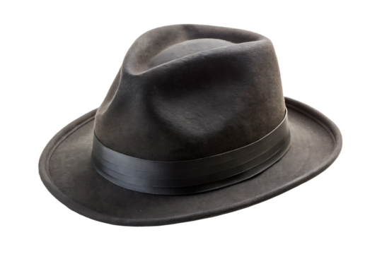Dark grey felt fedora hat with black ribbon band isolated on a transparent background image