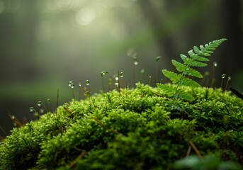 Dew-Kissed Moss and Fern A Breathtaking Nature Close-Up