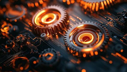 Close-up of gears and circuit board.  Orange-glowing gears on a dark circuit board