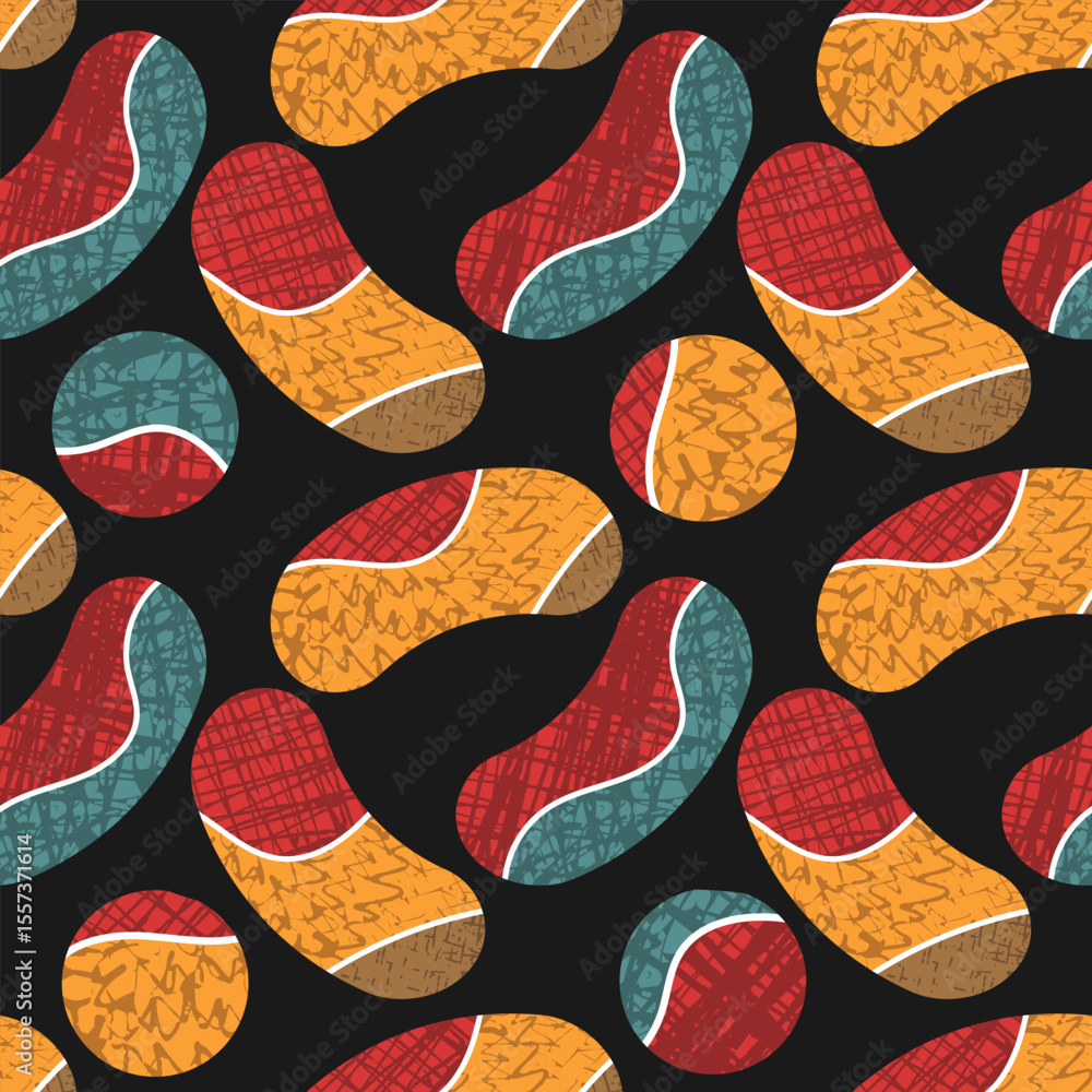 Poster seamless pattern with randomly placed textured decorative beans on a black background. vector illust