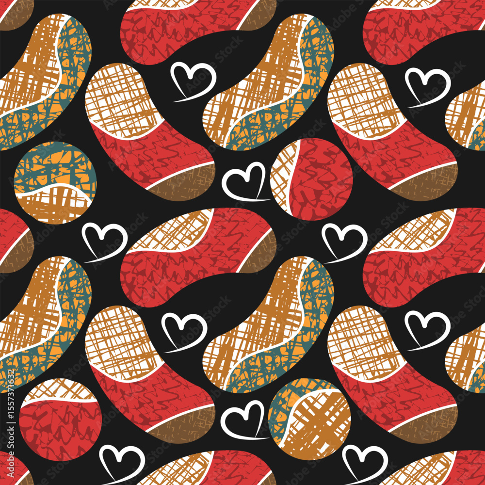 Poster seamless pattern with randomly placed textured decorative beans and handwritten hearts on a black ba