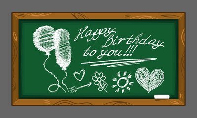 School board with chalk inscription - Happy Birthday to you. Greeting card, poster. Vector illustration