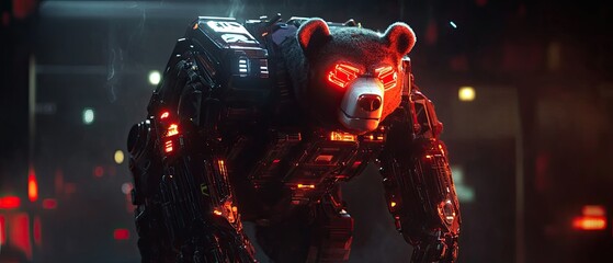Cybernetic bear robot in a futuristic city at night