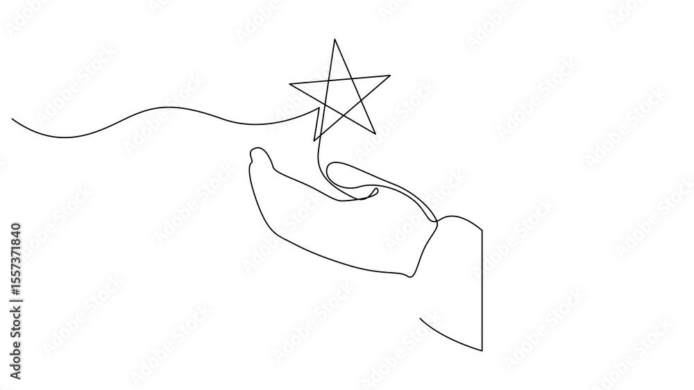 Poster self drawing animation of continuous one line human hand holding star. animated single line satisfac