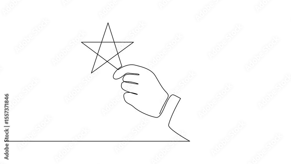 Poster self drawing animation of continuous one line human hand holding star. animated single line satisfac