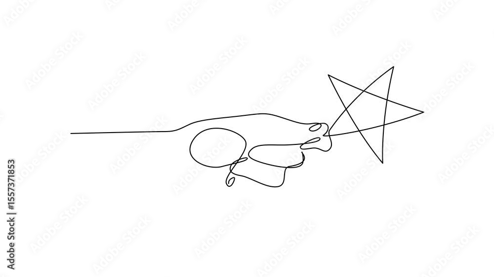 Poster self drawing animation of continuous one line human hand holding star. animated single line satisfac
