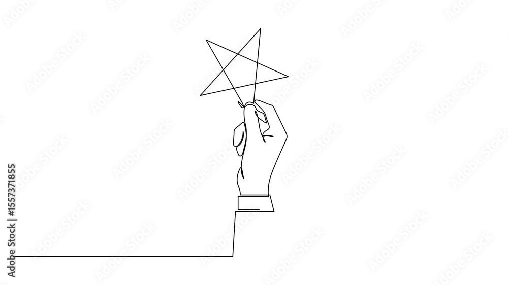 Poster self drawing animation of continuous one line human hand holding star. animated single line satisfac