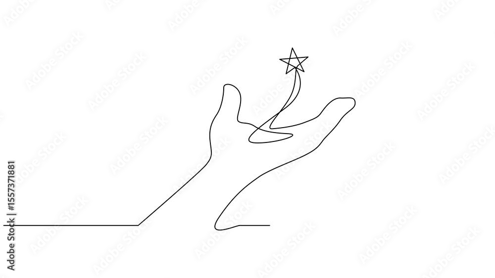 Poster self drawing animation of continuous one line human hand holding star. animated single line satisfac