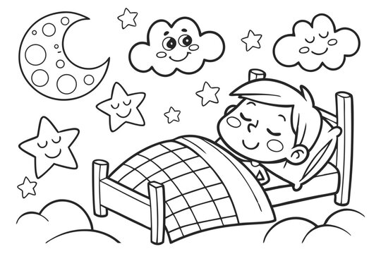 Naklejki a child is sleeping in bed for coloring book, coloring page, kids