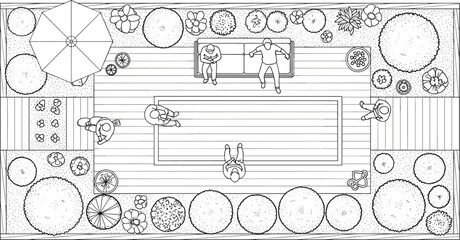 Top view garden illustration, people relaxing, trees, flowers, outdoor seating area, terrace layout, landscape design, patio vector, summer scene

 flat vector illustration