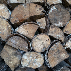 Stacked birch firewood with peeling white bark and visible wood grain in rustic natural arrangement