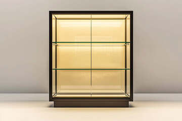 Fototapeta premium Empty wooden display cabinet with glass shelves in a room