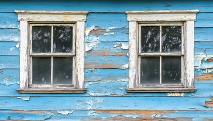 Fototapeta premium Two weathered windows on a faded blue building