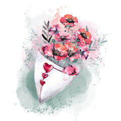 A bouquet of poppies, painted in watercolor in an envelope with hearts on a white background. Bouquet of flowers, red poppies in an envelope, hand-drawn illustration