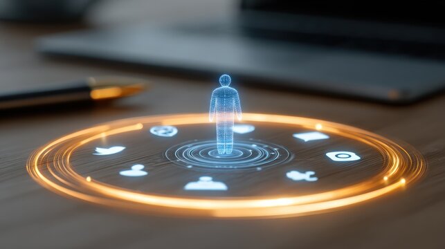 Holographic person surrounded by social media icons