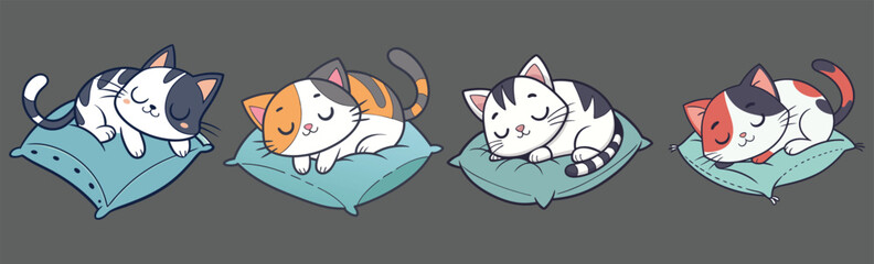 Adorable sleeping cats on pillows. cute and colorful cat sleeping on pillow simple flat design vector.