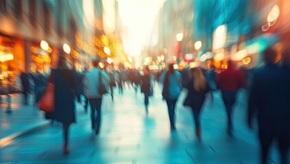 Blurry city street scene, many people walking
