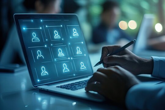 Person icons on laptop screen, someone writing