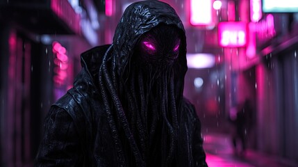 Mysterious figure in neon rain