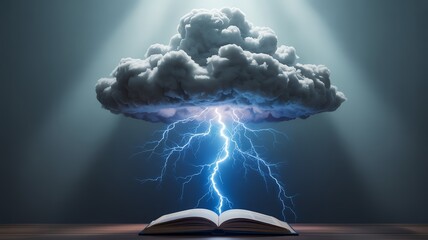 Open book with lightning striking from a cloud, symbolizing knowledge and ideas sparking creativity.
