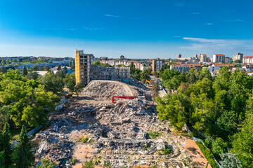 Novi Sad, Serbia - June 27, 2025: Demolition of the Park Hotel in Novi Sad, Serbia