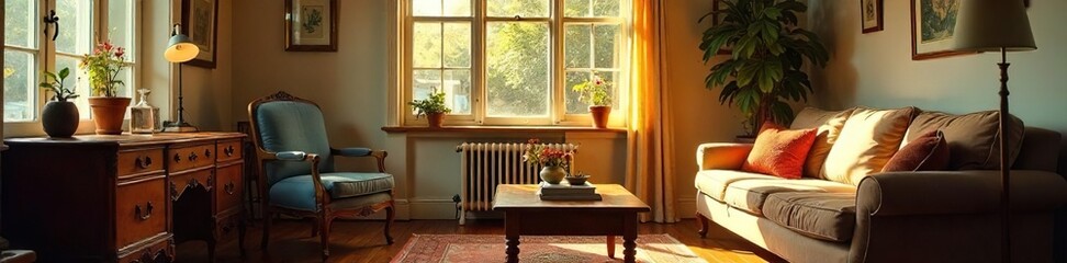 Sunlit Vintage Living Room Retro Charm and Cozy Relaxation in an Older Home. Perfect for home decor, interior design, and real estate websites.