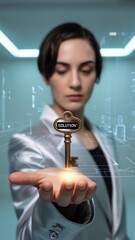 Person holding a key labeled 'Solution' in a futuristic setting, symbolizing unlocking innovation opportunities.