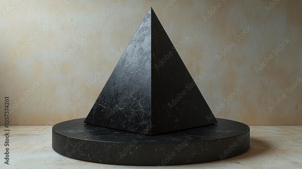 Poster dark pyramid shaped object on a circular platform.