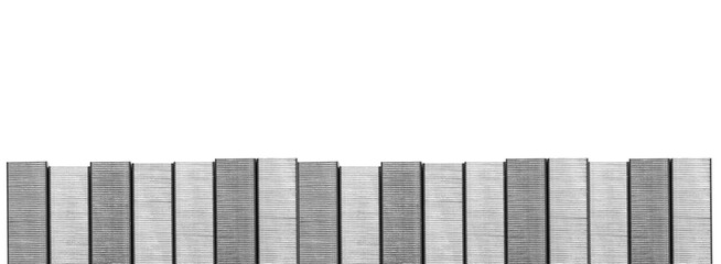 Stapler isolated. Row of metal staples for stapler gun isolated on transparent background, border....