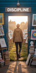 Person in coat walks through art-filled alley at sunrise, symbolizing discipline and creativity.