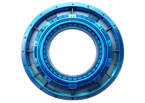 Futuristic blue circular portal with intricate metallic details and glowing light isolated on a transparent background