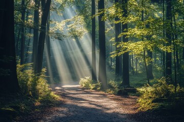 Obraz premium Sunlight streaming into foggy forest path
