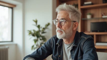 Thoughtful senior man with gray hair and glasses sits in modern living space, reflecting on life. cozy atmosphere enhances moment