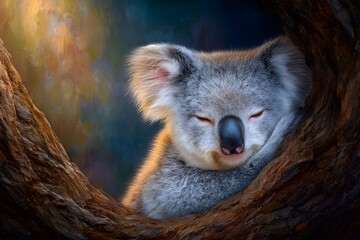 Fototapeta premium Close-up of adorable koala hugging tree, resting peacefully in natural habitat, native australian wildlife, nature conservation concept.