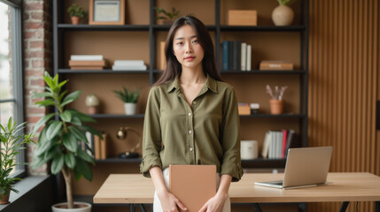 Young woman stands confidently modern office space, holding notebook. environment features plants, bookshelves, and laptop, creating professional