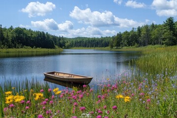 Obraz premium Serene lake with small boat and colorful flowers