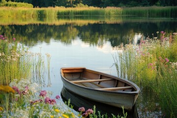Obraz premium Two boats on reflective lake surrounded by plants