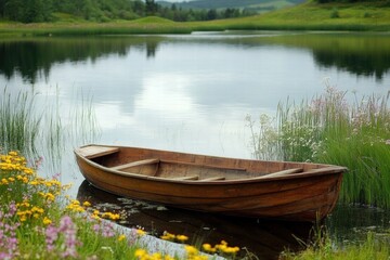 Fototapeta premium Calm lake view with boats among summer grass
