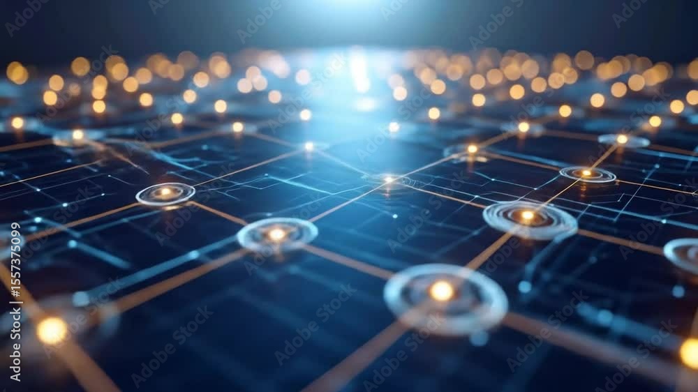 Poster abstract digital network of connected nodes and lines in blue and orange tones with bright light
