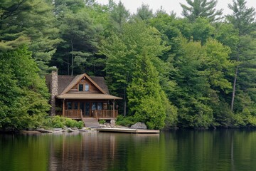 Fototapeta premium Idyllic wooden cabin by calm forest lake
